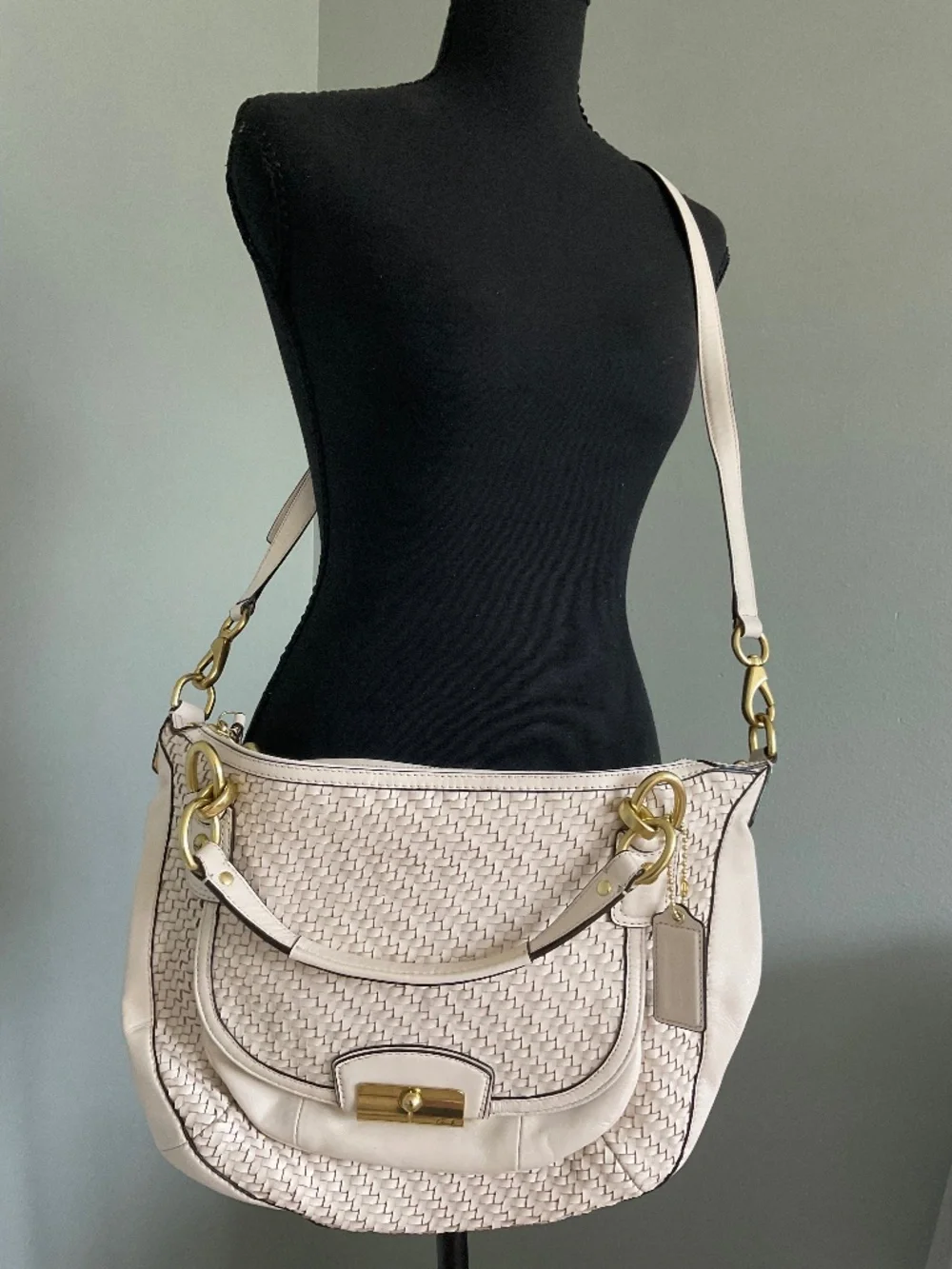 COACH WHITE WOVEN LEATHER KRISTIN HOBO BAG